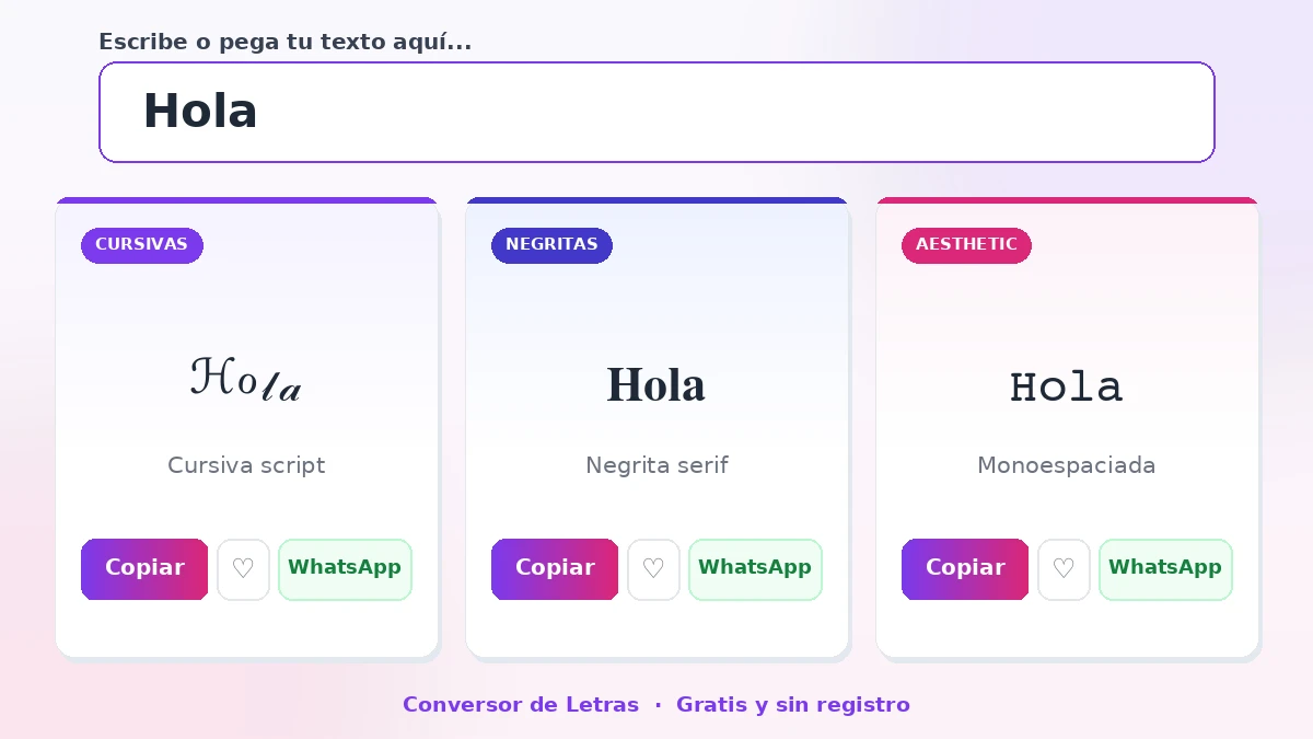 Hola en cursiva script, negrita serif y monoespaciada — letras para Instagram que se ven bien en Android y iPhone